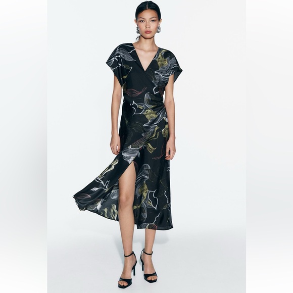 NWT Zara Printed Satin Effect Midi Dress - Picture 1 of 12